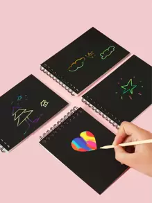 1pc Cartoon Graphic Cover Scratch Book & 1pc Bamboo Pen - Pink - View 4