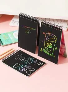 1pc Cartoon Graphic Cover Scratch Book & 1pc Bamboo Pen - Pink - View 7