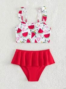 Tween Girl Watermelon Print Ruffle Trim Bikini Set Summer Beach - Red and White - View 1