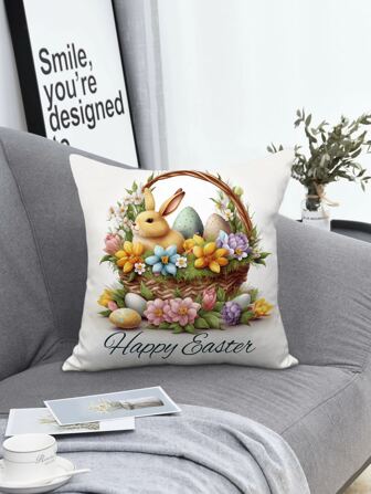 1pc Easter Rabbit & Egg Pattern Decorative Throw Pillow Case Without Filler, Modern Woven Fabric Cushion Cover For Living Room, Home Decor