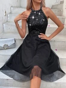 SHEIN Unity Contrast Sequin Mesh Hem Halter Dress - Black - View 4