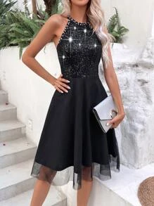 SHEIN Unity Contrast Sequin Mesh Hem Halter Dress - Black - View 1