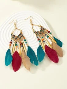 Feather Drop Earrings - Multicolor - View 1