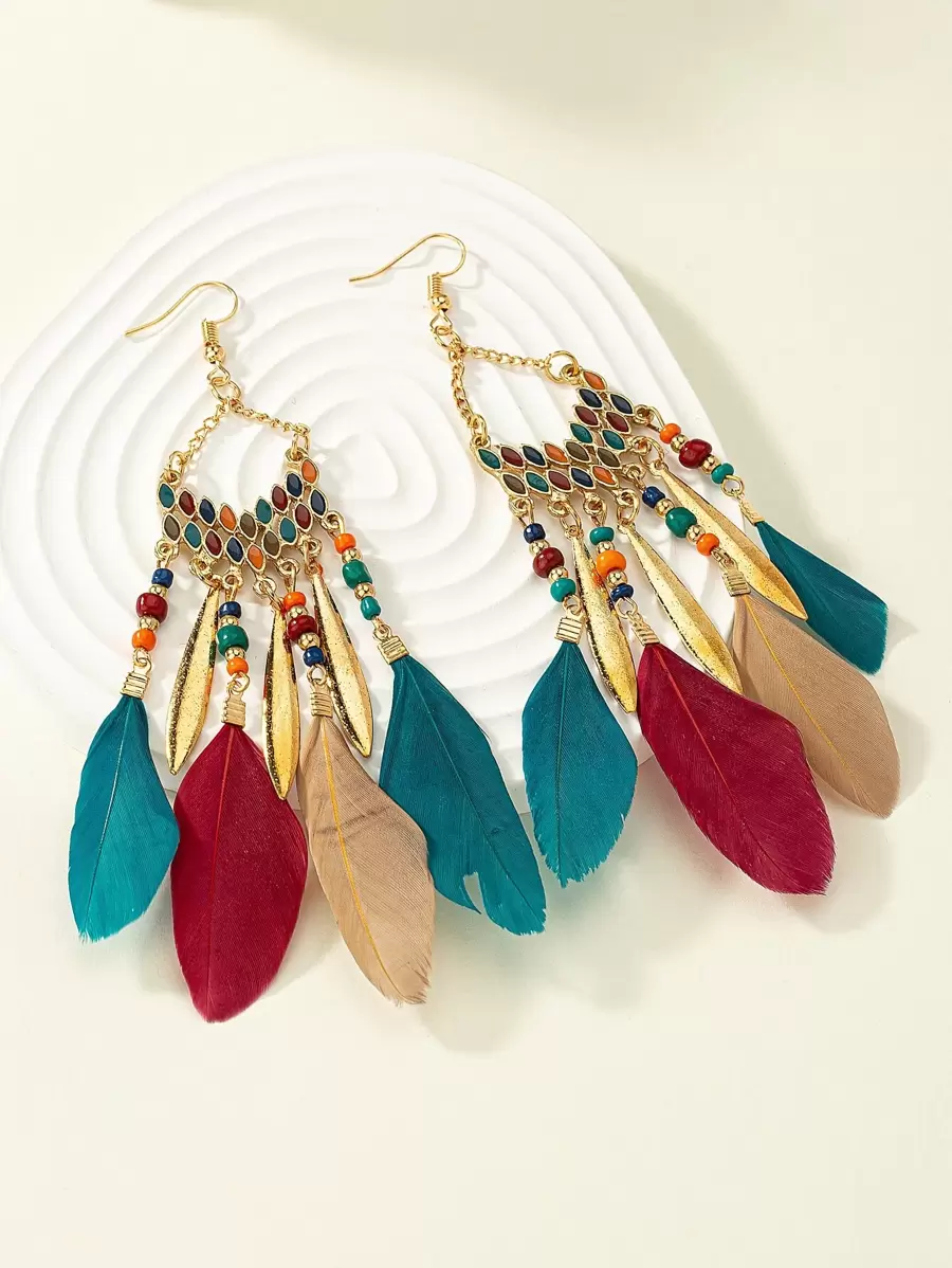 Feather Drop Earrings - Multicolor - View 1