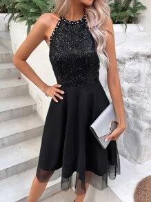 SHEIN Unity Contrast Sequin Mesh Hem Halter Dress - Black - View 6