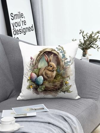 1入組復活節兔子和雞蛋印花裝飾抱枕套無填充物現代梭織織物靠墊套適用於客廳家居裝飾