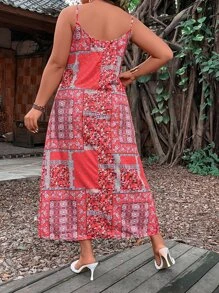 SHEIN Holidaya Plus Patchwork Print Cami Dress - Red - View 2