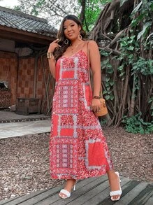 SHEIN Holidaya Plus Patchwork Print Cami Dress - Red - View 3