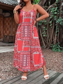 SHEIN Holidaya Plus Patchwork Print Cami Dress - Red - View 1