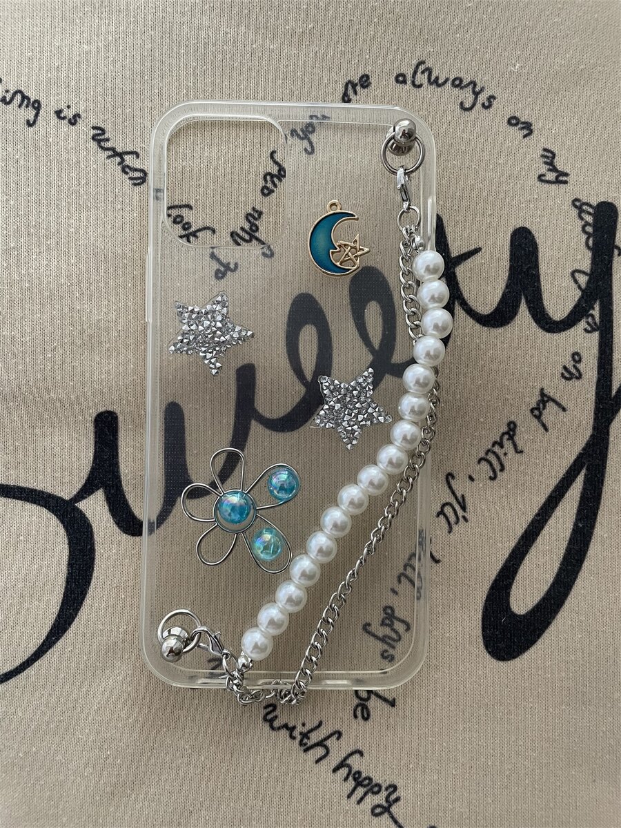 Rhinestone Decor Phone Case With Hand Strap - Clear - View 1