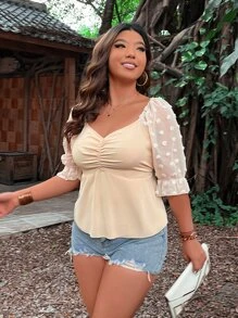 Celure Plus Sweetheart Neck Flounce Sleeve Blouse - Apricot - View 5