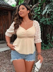 Celure Plus Sweetheart Neck Flounce Sleeve Blouse - Apricot - View 6