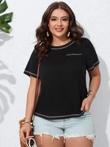 SHEIN LUNE Plus Top-stitching Pocket Patched Tee - Black - View 1