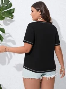 SHEIN LUNE Plus Top-stitching Pocket Patched Tee - Black - View 2