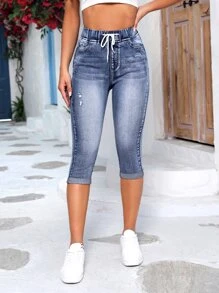 SHEIN Essnce Drawstring Waist Roll Up Hem Capri Skinny Jeans