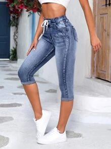 SHEIN Essnce Drawstring Waist Roll Up Hem Capri Skinny Jeans