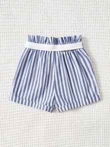 SHEIN 女孩條紋圖案紙袋腰卷邊附腰帶短褲 - 藍白色 - 查看 2