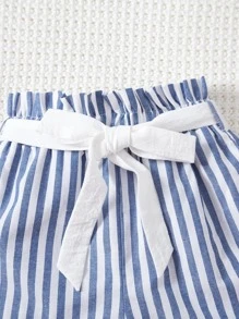 SHEIN 女孩條紋圖案紙袋腰卷邊附腰帶短褲 - 藍白色 - 查看 3