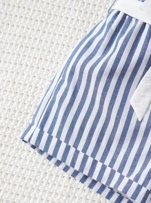 SHEIN 女孩條紋圖案紙袋腰卷邊附腰帶短褲 - 藍白色 - 查看 4