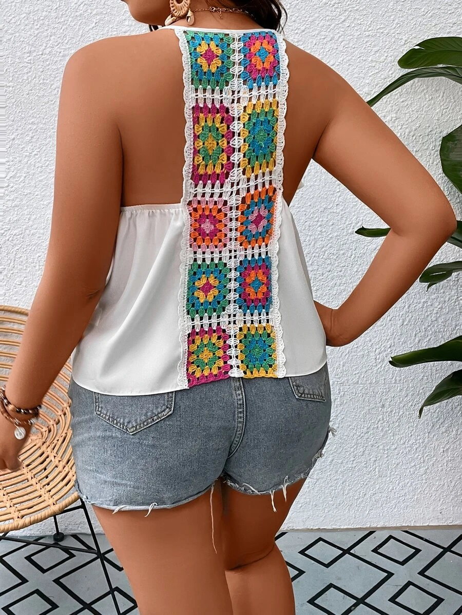 SHEIN Holidaya Áo hai dây Plus Size Xù Hoa Boho - trắng - Xem 1