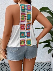 SHEIN Holidaya Áo hai dây Plus Size Xù Hoa Boho - trắng - Xem 2