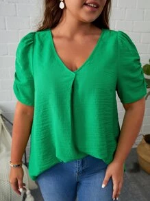 SHEIN Clasi Plus Solid Puff Sleeve V Neck Blouse - Green - View 1