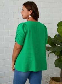 SHEIN Clasi Plus Solid Puff Sleeve V Neck Blouse - Green - View 2