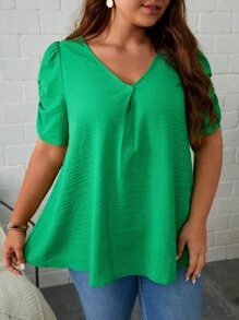 SHEIN Clasi Plus Solid Puff Sleeve V Neck Blouse - Green - View 3