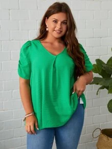 SHEIN Clasi Plus Solid Puff Sleeve V Neck Blouse - Green - View 6