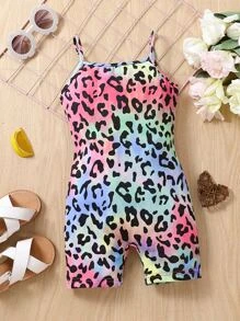 SHEIN Cô gái trẻ phong cách đường phố họa tiết da báo Bộ áo liền quần đơn giản và dễ thương có dây đeo spaghetti cho mùa hè mát mẻ - Nhiều màu - Xem 1