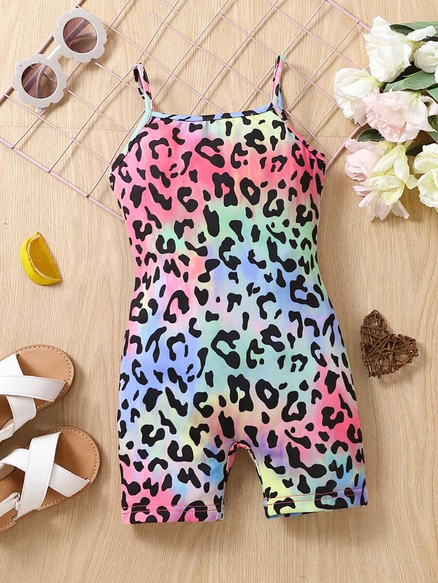 SHEIN Cô gái trẻ phong cách đường phố họa tiết da báo Bộ áo liền quần đơn giản và dễ thương có dây đeo spaghetti cho mùa hè mát mẻ - Nhiều màu - Xem 1