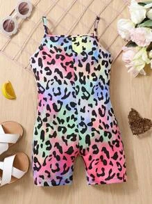 SHEIN Cô gái trẻ phong cách đường phố họa tiết da báo Bộ áo liền quần đơn giản và dễ thương có dây đeo spaghetti cho mùa hè mát mẻ - Nhiều màu - Xem 2