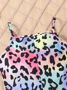 SHEIN Cô gái trẻ phong cách đường phố họa tiết da báo Bộ áo liền quần đơn giản và dễ thương có dây đeo spaghetti cho mùa hè mát mẻ - Nhiều màu - Xem 4