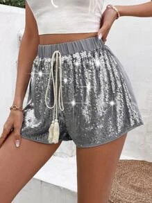 SHEIN Privé 前繫帶亮片短褲 - 灰色 - 查看 3