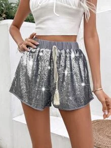 SHEIN Privé 前繫帶亮片短褲 - 灰色 - 查看 2