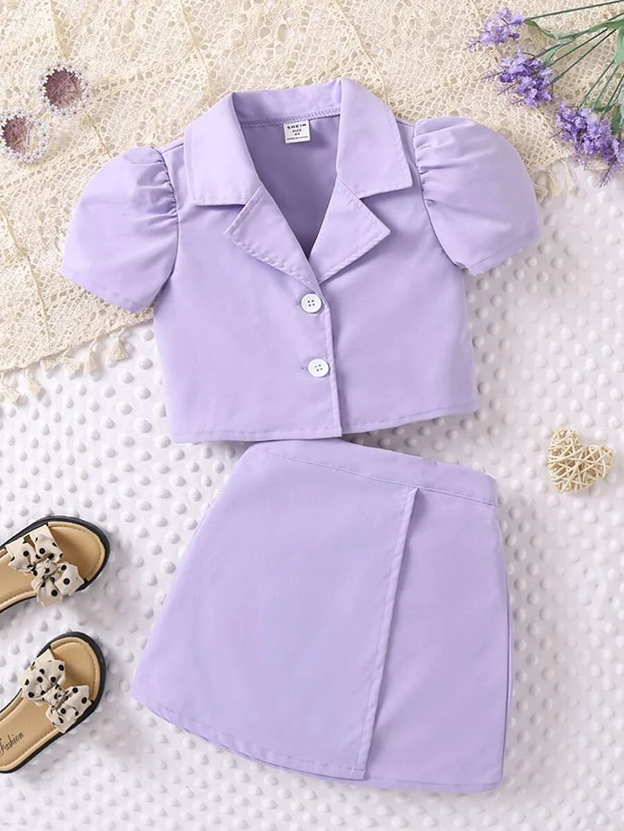 小女童泡泡袖西裝領襯衫和半身裙