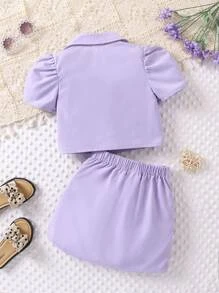 小女童泡泡袖西裝領襯衫和半身裙