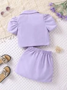 小女童泡泡袖西裝領襯衫和半身裙