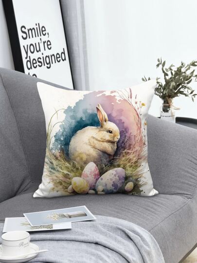 1pc Woven Fabric Cushion Cover Without Filler, Rabbit Pattern Decorative Throw Pillow Case For Easter
