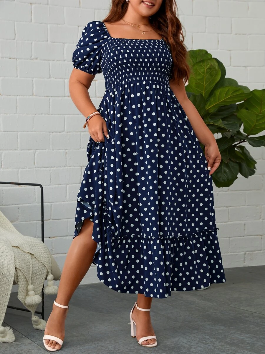 SHEIN Clasi Đầm Plus Size viền lá sen Viên lá sen Dải chun Chấm bi Boho - Xanh và trắng - Xem 1