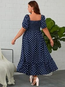 SHEIN Clasi Đầm Plus Size viền lá sen Viên lá sen Dải chun Chấm bi Boho - Xanh và trắng - Xem 2