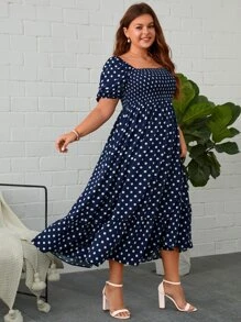 SHEIN Clasi Đầm Plus Size viền lá sen Viên lá sen Dải chun Chấm bi Boho - Xanh và trắng - Xem 3