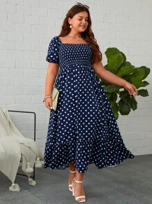 SHEIN Clasi Đầm Plus Size viền lá sen Viên lá sen Dải chun Chấm bi Boho - Xanh và trắng - Xem 5