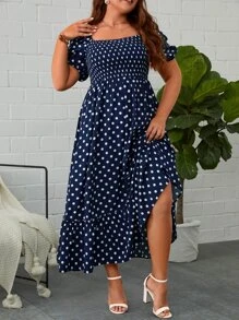 SHEIN Clasi Đầm Plus Size viền lá sen Viên lá sen Dải chun Chấm bi Boho - Xanh và trắng - Xem 6