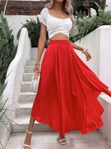 Breezaya Solid Split Hem Ring Detail Skirt - Red - View 3