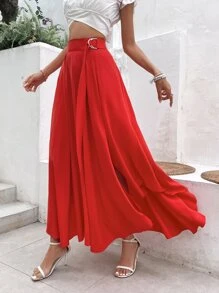Breezaya Solid Split Hem Ring Detail Skirt - Red - View 1