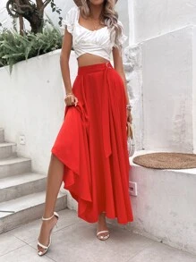 Breezaya Solid Split Hem Ring Detail Skirt - Red - View 5