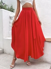 Breezaya Solid Split Hem Ring Detail Skirt - Red - View 6