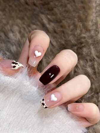 24pcs Long Square Heart Decor Fake Nail & 1sheet Tape & 1pc Nail File