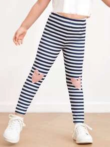 SHEIN 小女童條紋和心形印花緊身打底褲 - 藍白色 - 查看 1